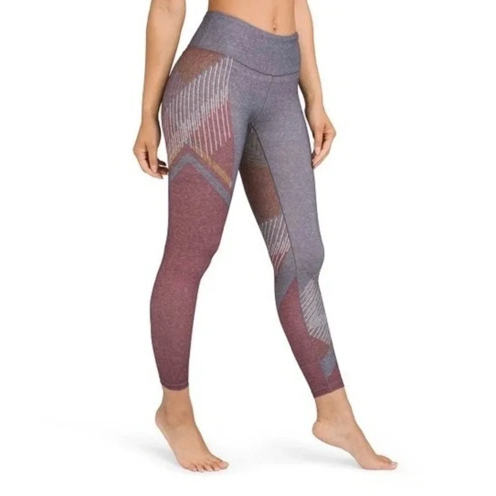 prAna Women Charcoal Burgundy Pillar Geometric Boho Space Dye Yoga Leggings S